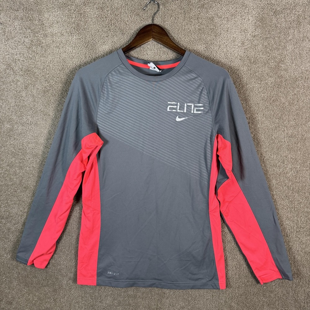 Nike Elite Dri-FIT Shirt Mens Small Gray Pink Long Sleeve Running Training Top